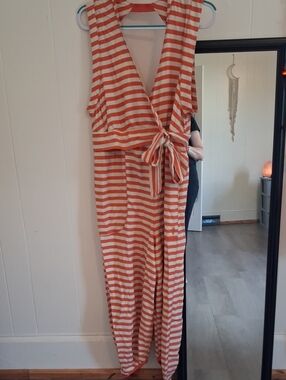 Free People Striped Orange and Cream Wrap Tie-Waist Jumpsuit Open Back Like New
